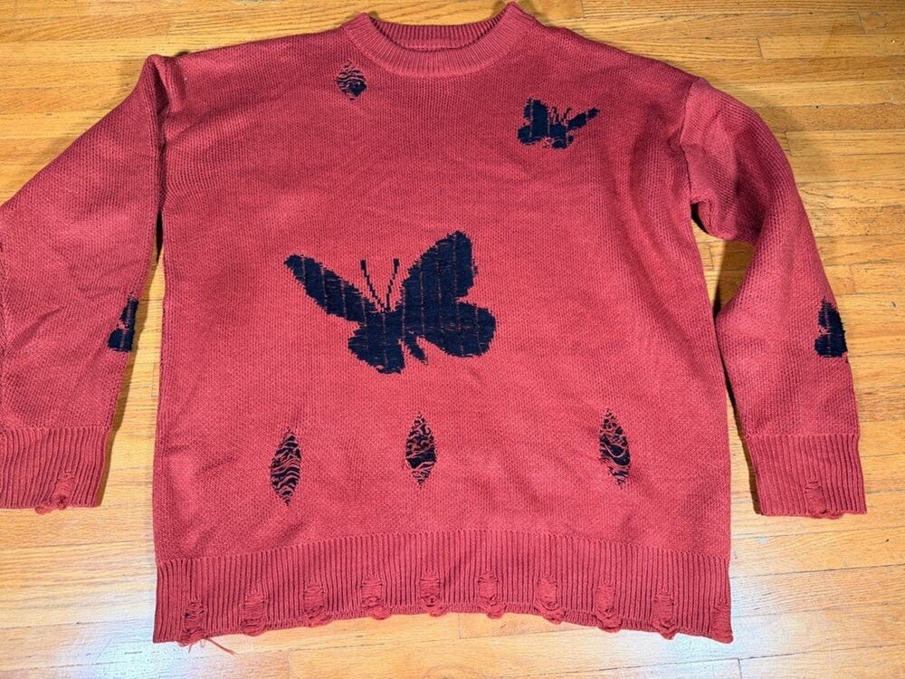 Aelfric Eden Distressed Butterfly Sweater Large Red Black Oversized Y2K